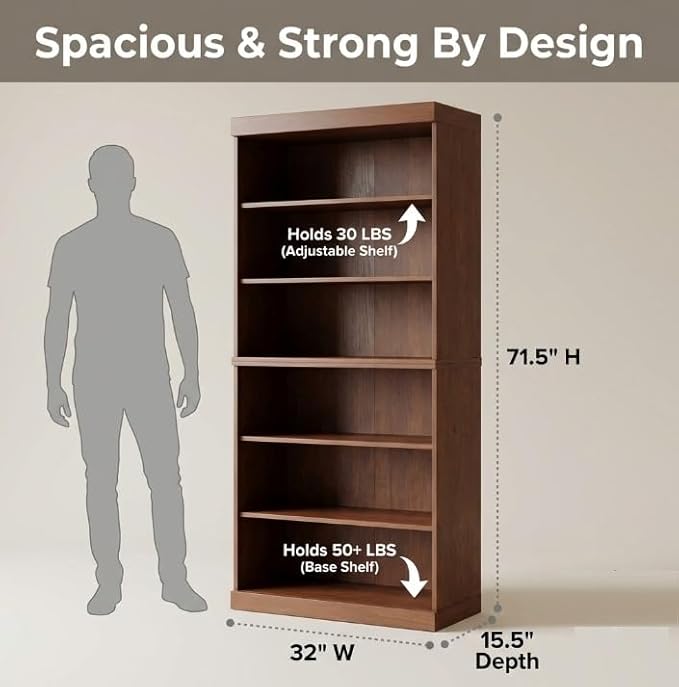 Palace Imports Solid Wood Bookcase – Stackable Modular 6-Tier Bookshelf - 71.5" Tall x 32" Wide – Mocha, Open Display Shelf for Living Room, Office, Renewable 100% Eco-Friendly Wood, Made in Brazil