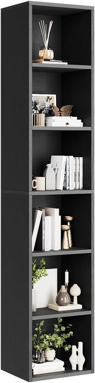 6-Tier Narrow Bookshelf, 71.5" Tall Corner Bookcase, Modern Book Shelf with Storage Space, Wooden Display Storage Shelves for Bedroom, Living Room and Office, Black
