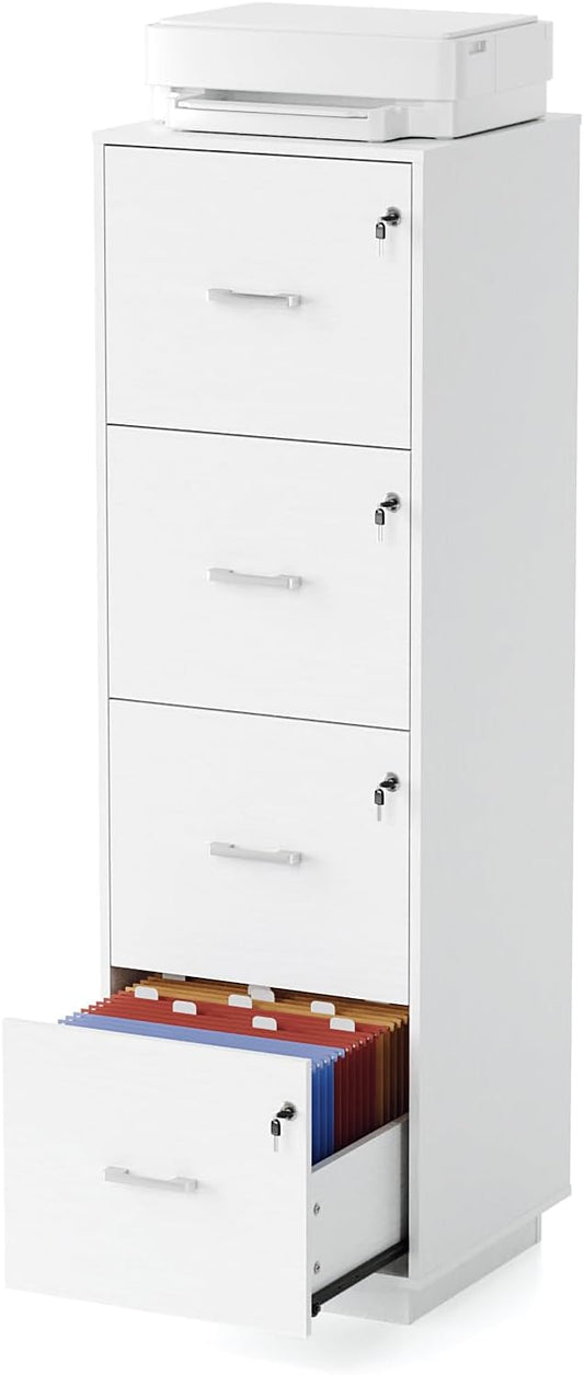 VINGLI 4 Drawer File Cabinet with Lock, Home Office Filing Organizer, for Letter Size File Folder Storage, Wood Tall Vertical Filing Cabinet, Printer Stand, Archivador (White)