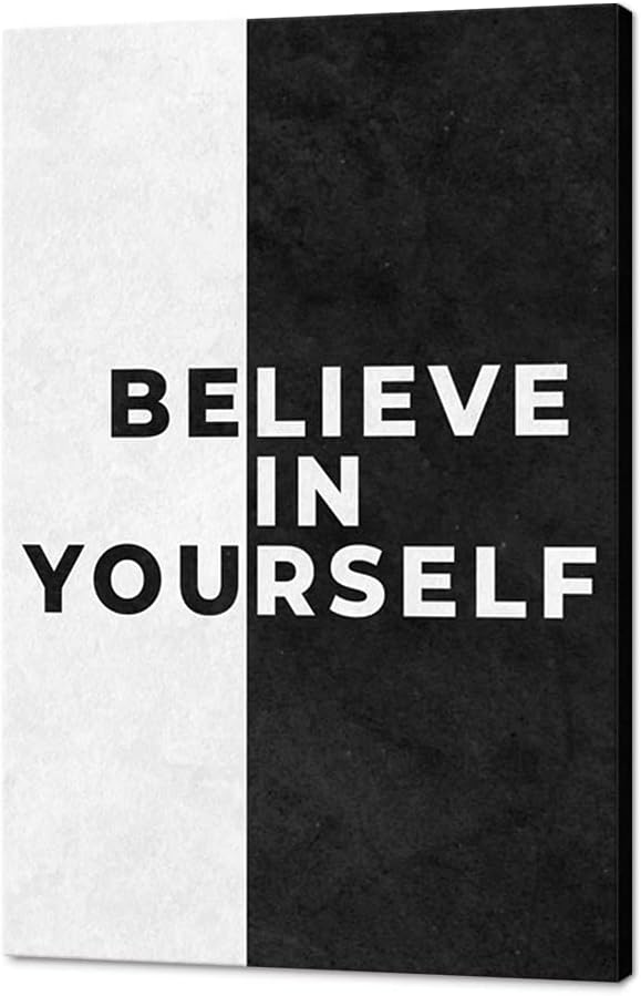 Modern Home Decor Motivational Phrase Believe in Yourself Minimalism Poster Canvas Wall Art Picture Black White Nordic Art for Office Home Canvas Paintings Framed Ready to Hang-12 inch x 16 inch