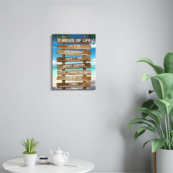 Kas Home Inspirational Wall Art - 7 Rules of Life Motivational Canvas Wall Decor Beach Positive Quotes Living Room Rustic Framed Art Gift for Bedroom Bathroom (12 x 15 inch, Brown - 7 Rules)