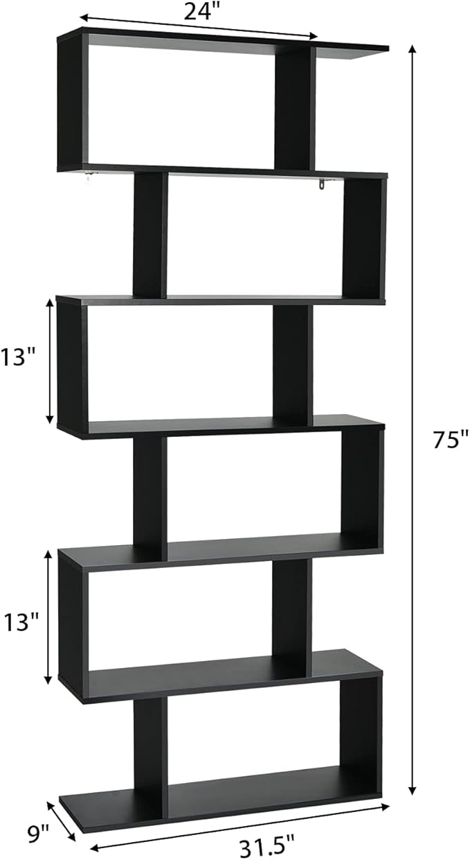 Tangkula 6-Tier Geometric Bookcase, Modern S-Shaped Storage Display Bookshelf for Living Room, Anti-Toppling Device, Home Office Wooden 6 Shelf Open Bookcase (1, Black)