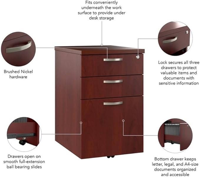 Bush Business Furniture Office in an Hour 3 Drawer Rolling File Cabinet in Hansen Cherry | Mobile Under Desk Drawers for Letter, Legal, and A4-Size Document Storage