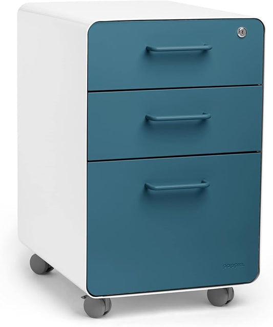 Poppin Stow 3-Drawer Rolling File Cabinet - White & Slate Blue. Utility & Hanging File Drawers. Locking & Non-Locking Wheels. Powder-Coated Steel. Two Keys Included