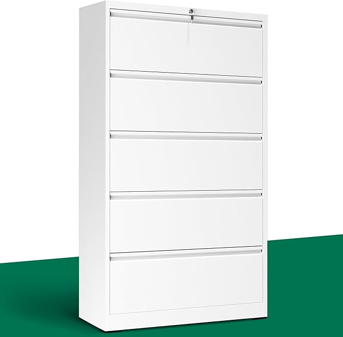 5 Drawer Lateral File Cabinet with Lock, File Cabinets for Home Office Legal/Letter A4 Size, File Cabinet Storage Cabinet, Require Assembly, White