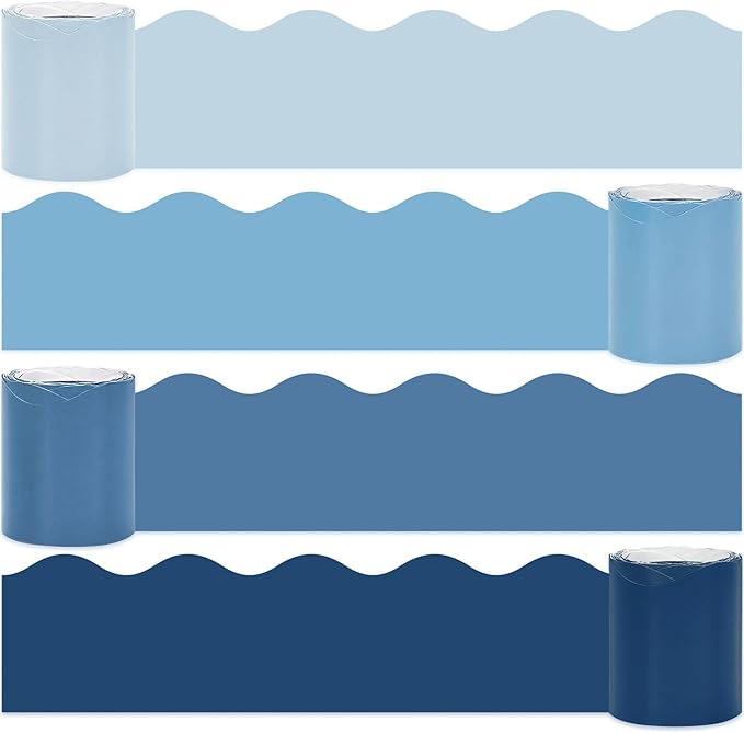Whaline 65.6ft Summer Blue Bulletin Board Borders 4 Rolls Blue Series Die-Cut Board Trim for School Classroom Office Chalkboard