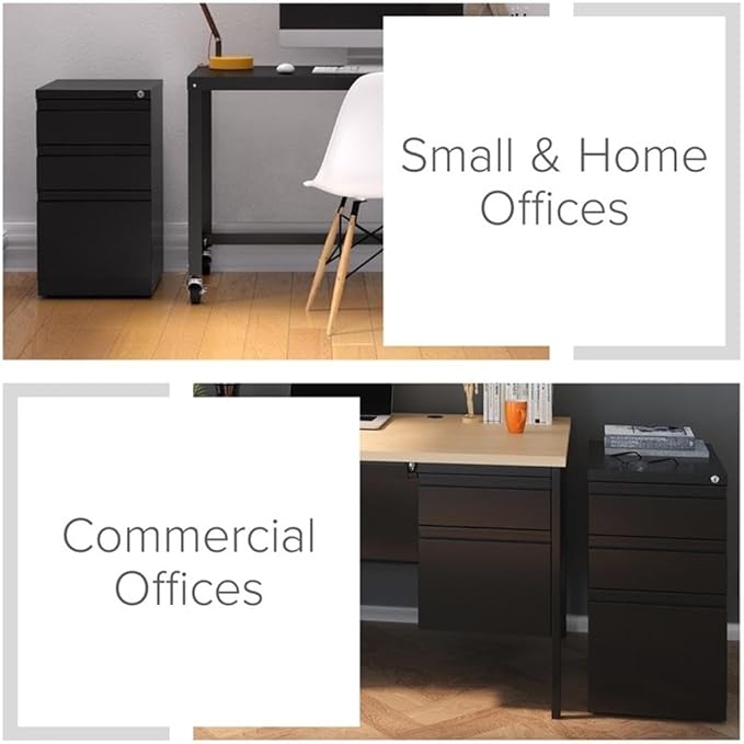 Hirsh Industries 3-Drawer Metal Mobile Pedestal, 20" Deep Box/Box/File Configuration, Black Finish, 27.75" H x 15" W x 19.88" D, Locking File Cabinet with Hidden Casters, Office Storage Solution