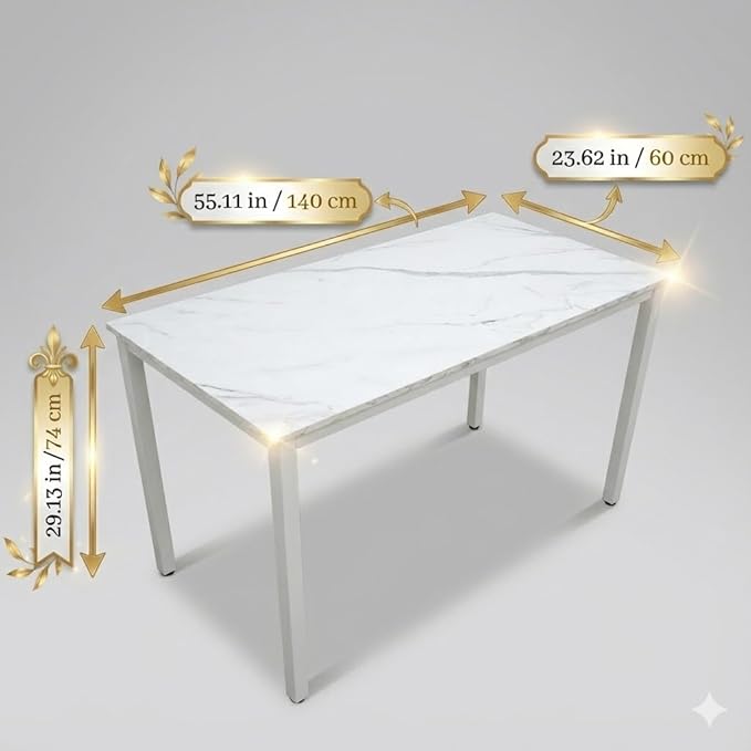 55 inch Large Computer Desk Wood, Modern Simple Style Desk for Home Office, Bedroom, Study Student Writing Desk, Small Spaces, White Metal Frame, Marble Grain Top