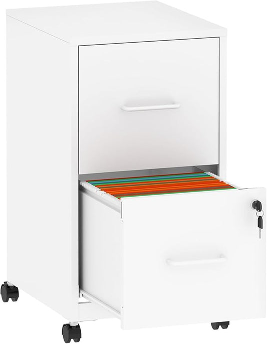 2 Drawer File Cabinet with Wheels, Metal Mobile Filing Cabinets with Lock, Vertical File Cabinet for Home Office, Rolling Storage Cabinet for A4/Letter/Legal Size File, Assembly Required, White