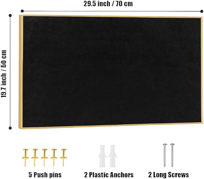 Golden Aluminum Framed Pin Board with Black Felt, Approx. 20 x 30 inches Bulletin Board with Pins, Eye Bolts, gaskets, Screws, Cork Board Alternative for Office, School and Home(AL-BK-5075)