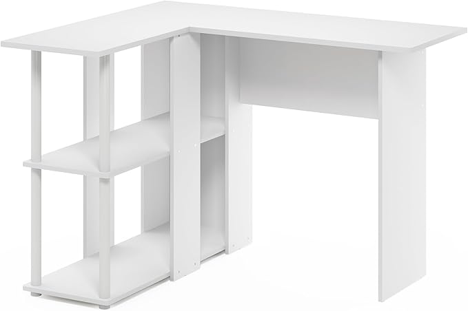 Furinno Abbott L-Shape Desk with Bookshelf, 41.14 (W) x 28.94 (H) x 34.45 (D) inches, White/White