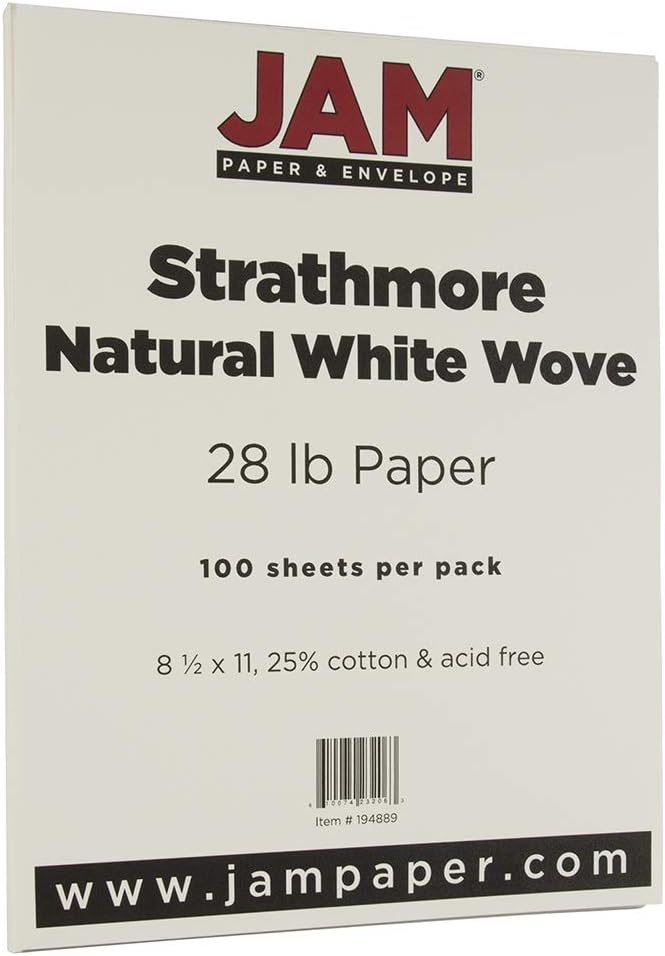 JAM PAPER Strathmore 28lb Paper - 105 gsm - 8.5 x 11 - Natural White Wove - 100 Sheets/Pack