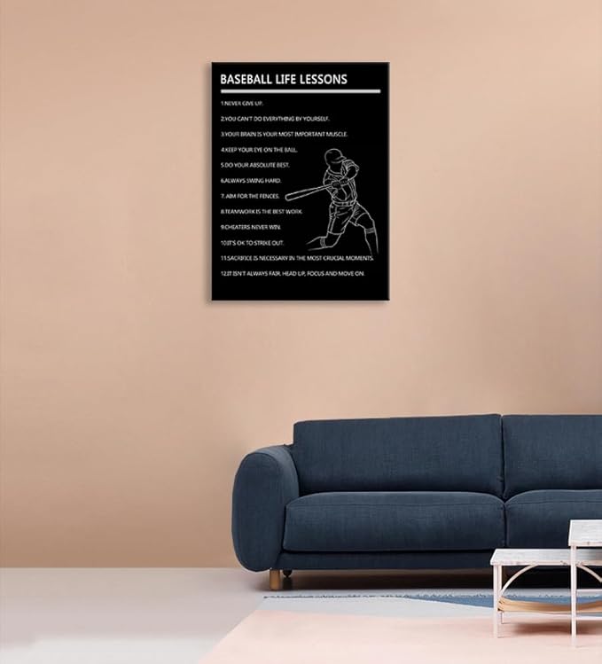 WYJDFART Inspirational Baseball Life Lessons Wall Art Motivational Sports Quotes Poster Canvas Printed poster for Boys Bedroom Gym Office Framed Ready to Hang [30" W X 40" H]