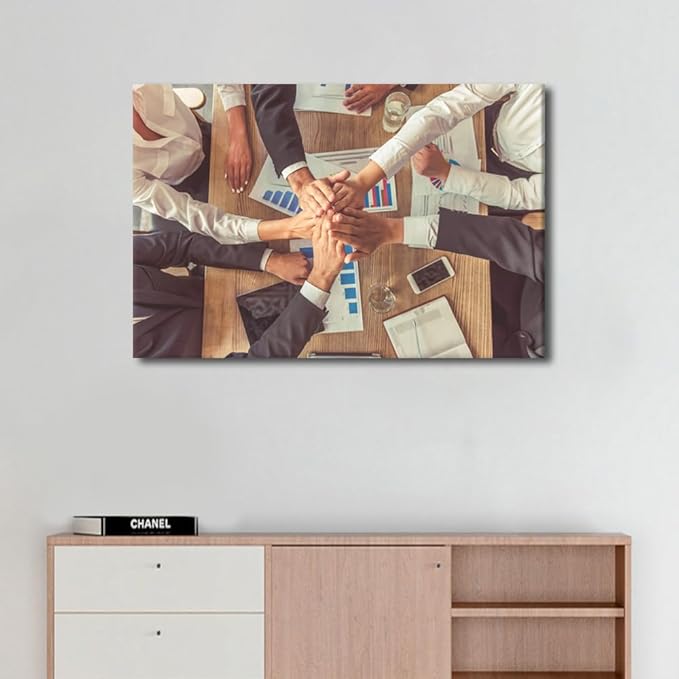 Canvas Art Wall Decor Top View of Beautiful Business People In Formal Wear Holding Hands Together While Sitting In The Office 1 Panel Large Wall Art Teamwork Posters Pictures (24"Wx36"H)