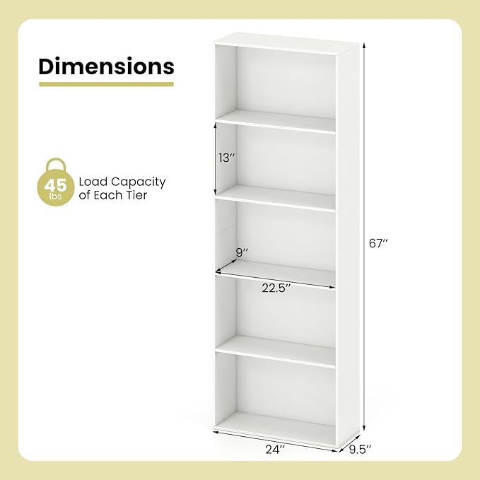 Giantex 5-Tier Bookshelf, Freestanding Bookcase with 5 Open Shelf, Modern Display Shelf, Storage Organizer for Living Room Bedroom Home Office