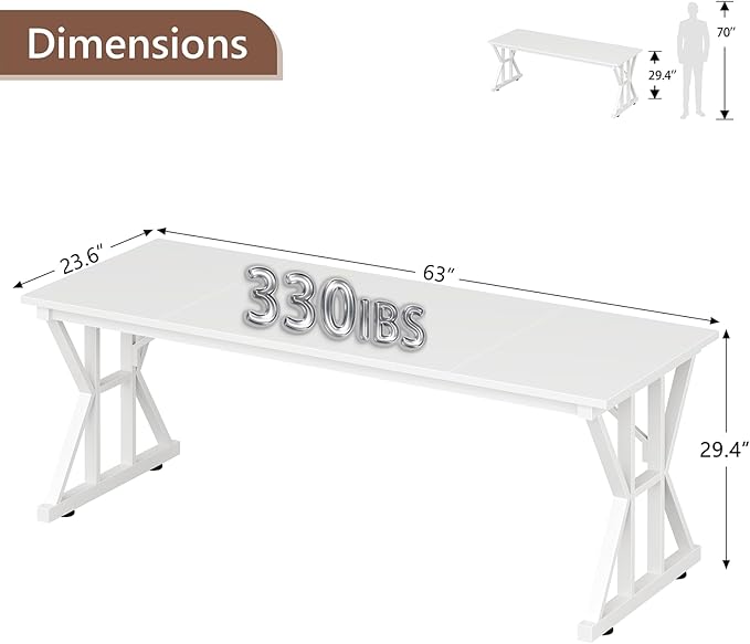 TVU Computer Desk, 63 inch Large Office Desk, Study Writing Table with Thicken Frame, Gaming Desk, Modern Simple Desk for Home Office, White