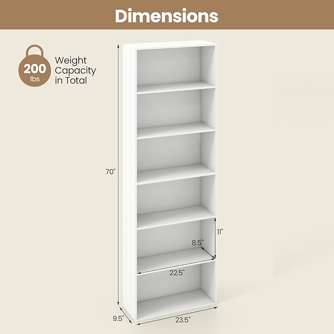 Giantex 6-Tier Bookcase, 70" Tall Wooden Bookshelf, Freestanding Storage Organizer w/Open Shelves, Anti-Tipping Kits, Modern Floor Standing Display Shelves for Living Room, Bedroom (1,White)