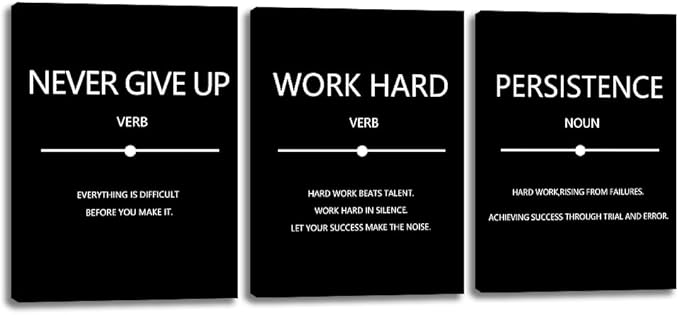Unbruvo Inspirational Canvas Wall Art, Motivational Office Wall Decor, 3 Pieces Black Never Give Up Positive Quotes Wall Art for Workplace Living Room Bedroom(36''W x 16''H)