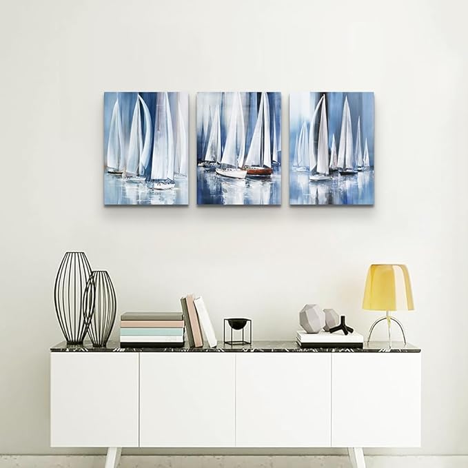 3 Piece Framed canvas wall art for living room bathroom bedroom Wall Art Decor Ocean landscape sailboat abstract Canvas painting Ready to Hang Office Home Decoration sea poster Pictures Wall Artworks