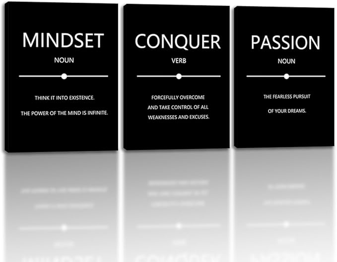 Unbruvo Motivational Wall Decor for Office, 3 Pieces Inspirational Canvas Wall Art, Mindset Passion Conquer Canvas Poster, Positive Quotes for Entrepreneur Meeting Room Lobby Bedroom(48''Wx 24''H)