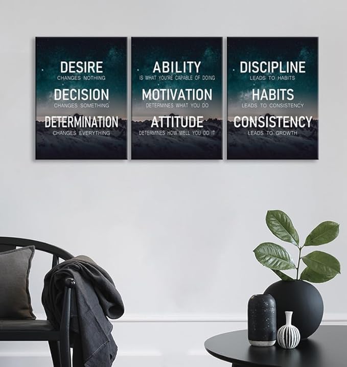 Inspirational Wall Art “The Elements of Success:Discipline-Habits-Consistency-Attitude -Determination” Positive Quotes Set of 3 Motivational Posters for Home Gym Bedroom Living Room [36''Wx 16''H]