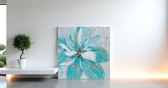 Yihui Arts Hand Embellished Floral Canvas Wall Art with Textured Details & Gold Foil Accents, Modern Teal Flower Painting for Home Decor