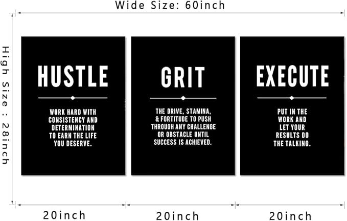 Hustle Grind Execute Inspirational Wall Art, 3 Panel Motivational Wall Decor Black and White Framed Positive Quotes Prints Modern Poster for Home, Living Room, Office, or Gym (20"x28"x3)