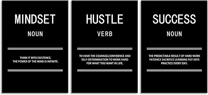 Motivational Canvas Wall Art for Office Mindset Hustle Success 3 Panel Print Inspirational Poster Painting Modern Inspiring Artwork for Home Living Room Gym Decor Ready to Hang [60''Wx 28''H]
