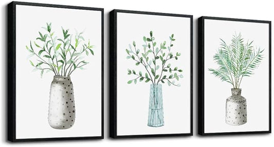 AHUASJART Large Size Wall Art For Living Room Black Framed Canvas Wall Decor For Bedroom Wall Painting For Kitchen Dining Room Modern Office Decoration Green Leaf Vase Wall Pictures Home Walls Art
