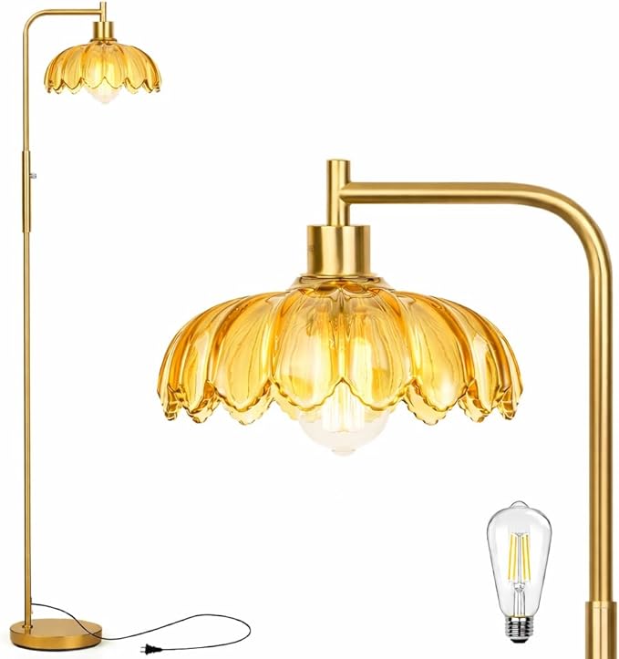 Glass Floor Lamp for Living Room, Dimmer Standing Lamp with Green Ribbed Lampshade,66” Tall Lamp & Gold Floor Lamp for Bedroom Study Room,Brushed Gold (Flower Amber Glass Shade)