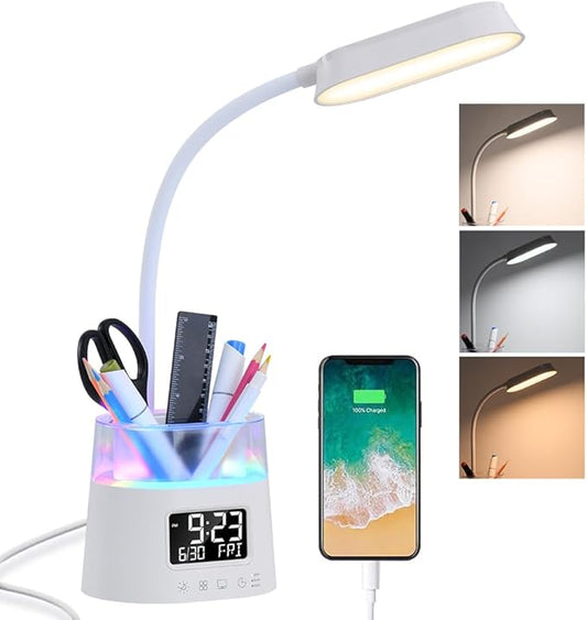WILIT LED Desk Lamps for Home Office with Pen Holder, Table Lamp for Bedroom with USB Charging Port & Clock, RGB Night Light, Study Lamp for Kids Girls, Desk Light for College Dorm Room Essentials
