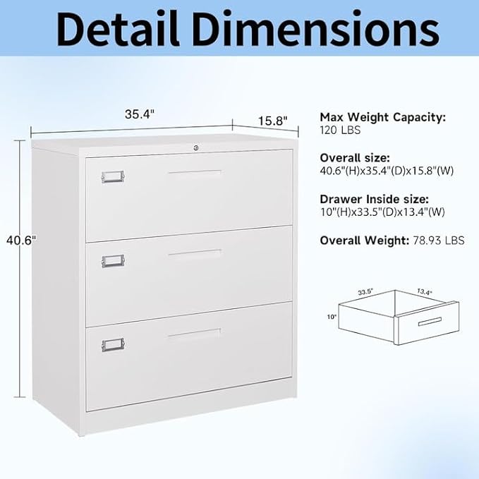 3 Drawer Lateral File Cabinet with Lock, Metal Filing Cabinets for Home Office, Wide Locking File Caninets, White Office Storage Cabnet for Hanging Letter/Legal / A4 / F4 - Assembly Required