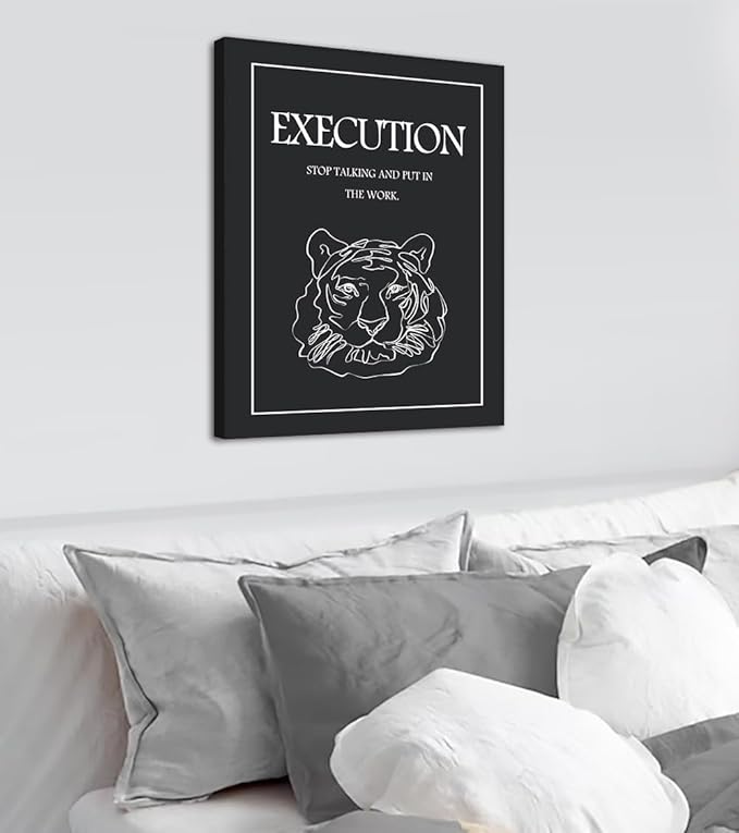Execution Canvas Wall Art, Motivational Quote Print with Tiger Portraits, Black & White Inspirational Wall Decor, STOP TALKING AND PUT IN THE WORK Success Poster for Home Office Gym, Framed 18"x24"