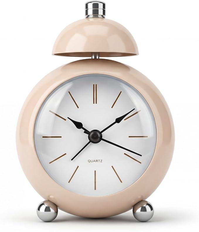 Analog Alarm Clock, Mid-Century Modern Desk Clock, Silent Non-Ticking Quartz Table Clock with Black Hands, Battery Operated Decorative Clock for Bedroom, Office, Living Room (Light Champagne)