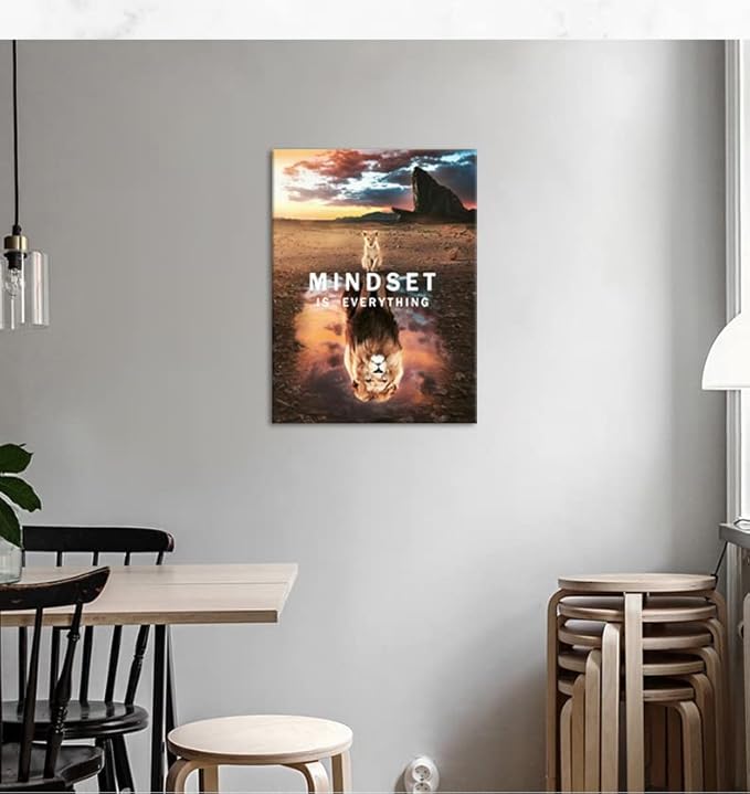 Motivational Wall Art Small Cat Big Lions Mindset is Everything Poster Inspirational Canvas Painting Prints Wall Pictures for Bedroom Home Decor Office Framed Artwork[18" W x 24" H]