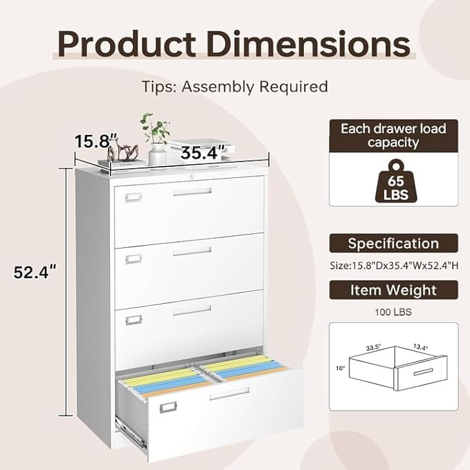 4 Drawer Lateral File Cabinet with Lock, Metal Filing Cabinets for Home Office, Wide Locking File Caninets, White Office Storage Cabnet for Hanging Letter/Legal / A4 / F4 - Assembly Required