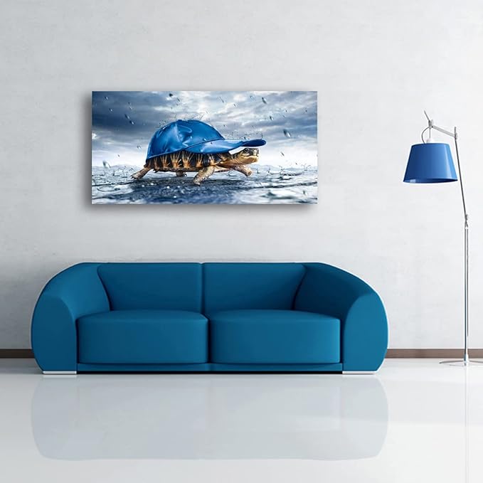 Haichuang Decor Art Funny Turtle Canvas Wall Art 40x20 Inches Framed Turtle with Blue Cap Wall Decor Wood Frame Waterproof HD Giclee Print Ready to Hang Humor Animal Artwork for Living Room Bedroom Bathroom