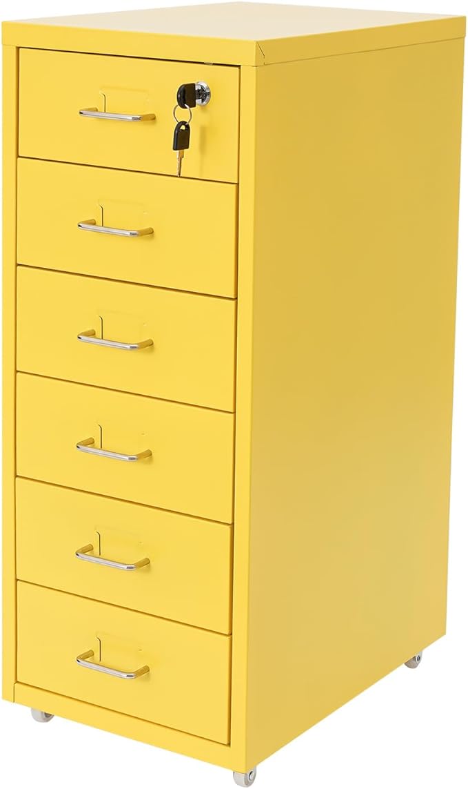 6-Drawer Metal File Cabinet, Metal Filing Storage Vertical Cabinets with Lock Home Office Filing Cabinets for Organization Hanging Letter/Legal/F4/A4 (Yellow)