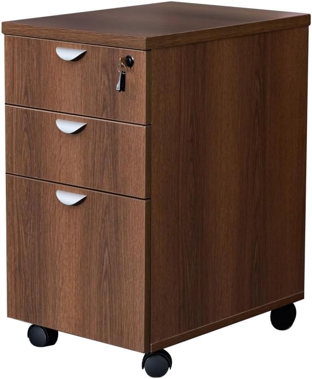 NBF Esquire 16" W Office Files Pedestal Cabinet - 3 Drawer File Cabinet with Lock - Mahogany Laminate Office Filing Cabinets - Modern Mobile File Cabinet Document Storage(22" D x 28" H, Walnut)