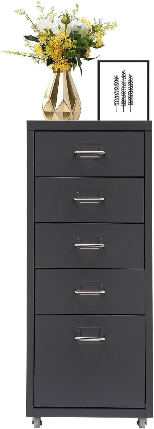 Metal File Storage Cabinet,Side Storage Organizer,Freestanding Storage Unit,Metal Garage Storage Drawer,Storage Cabinet with 5 Drawers and Wheels for Office,Home,School，Grey,11 * 16.1 * 27.1in