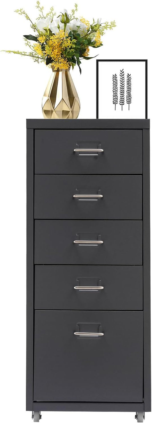 Metal File Storage Cabinet,Side Storage Organizer,Freestanding Storage Unit,Metal Garage Storage Drawer,Storage Cabinet with 5 Drawers and Wheels for Office,Home,School，Grey,11 * 16.1 * 27.1in