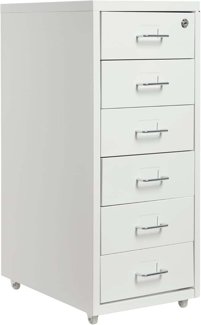 6 Drawer Vertical File Cabinet, 27" Lockable Metal Storage Cabinet with 4 Wheels, Mobile Filing Organization Under Desk for Office, Study, Dresser (White)