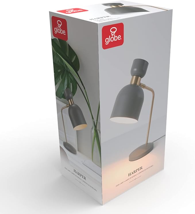 Globe Electric 52298 Harper 16" Desk Lamp, Matte Gray, Matte Brass Arm and Pivot Joint, in-Line On Off Switch