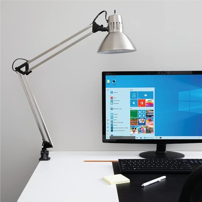 V LIGHT Architectural Swing Arm Desk Lamp, Clamp lamp with LED bulb, Work Light for Any Space, Brushed Nickel Finish 7.5 x 5.5 x 33