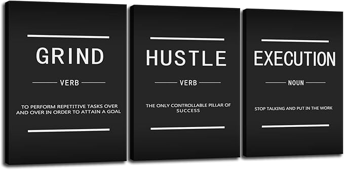 Motivational Canvas Wall Art Inspirational Poster Grind Verb Hustle Verb Execution Noun 3 Pieces Prints Artwork for Living Room Office Decor Painting Pictures Framed Ready to Hang[36''Wx 16''H]