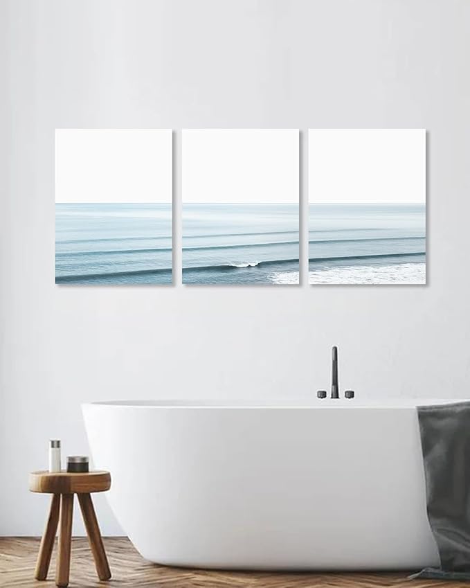 KBKBART Framed Canvas Wall Art Prints Ocean Wall Art Set of 3, Beach Wall Decor,Modern Waves Print Coastal Artwork for Walls, Beach Blue Sea Poster for Bathroom, Bedroom Decor - 12"x16"