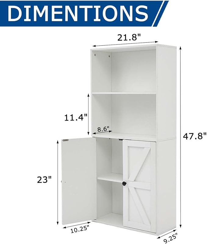 White 4-Tier Bookshelves for Living Room, Farmhouse Tall Bookcase with Doors, Wooden Bookshelf with Storage Cabinet and Shelves for Living Room, Home Office