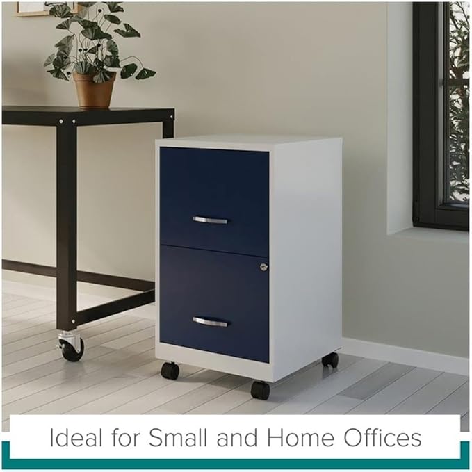 UrbanPro 18" 2-Drawer Mobile Vertical Filing Cabinet, Metal Construction, White/Navy Finish, Letter-Size Storage, Built-in Lock, Easy Roll Casters, Compact Design for Home or Office Use