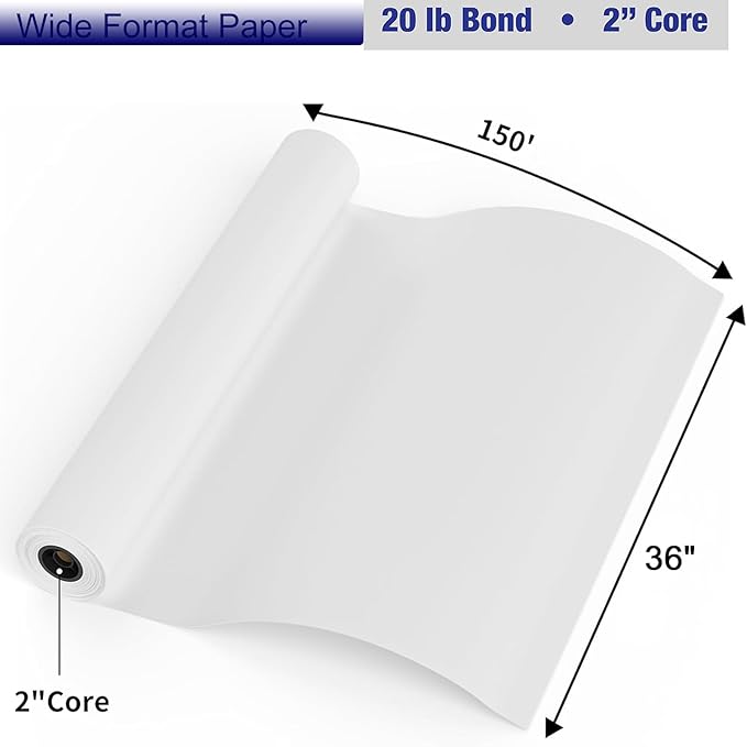 FungLam Plotter Paper 36 x 150-4 Rolls Wide Format Paper 36 In x 150 Ft, 20lb CAD Bond Rolls on 2" Core for CAD Printing on Wide Format Ink Jet Printers