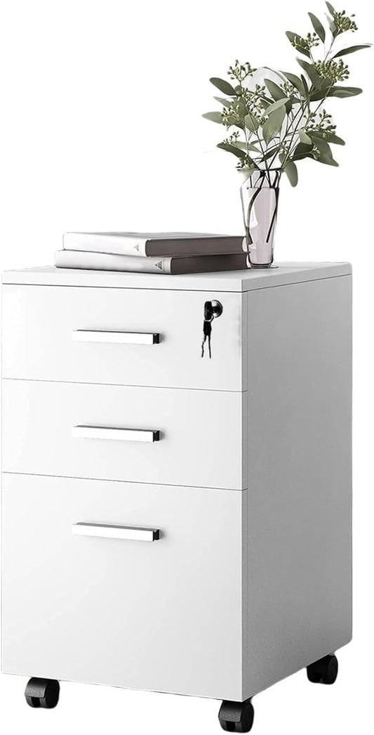 Lateral Filing Cabinet with Lock, 360 Degree Casters, Large Capacity Spacious Desktop & Heightening Design, File Cabinet 3 Drawer Rolling Office Bookcase for Home, Office White